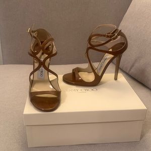 Jimmy Choo Lance strappy high heel sandal 115cm 4” in metallic dark beige tan